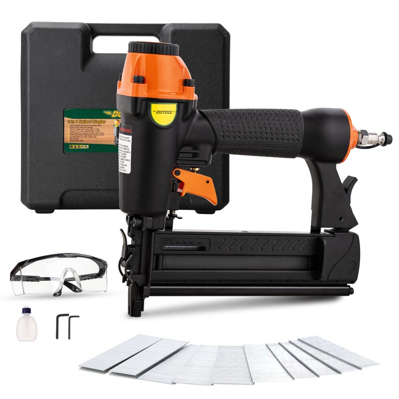 DOTOOL Pneumatic Brad Nailer,18 Gauge,2 in 1 Air Nail Gun Staple Gun,Accepts 2 Inch Brad Nails and Crown 1-5/8 inch Staples,with Carrying Case and 1000pcs Nails,for Carpentry, DIY,Woodworking - Image 1