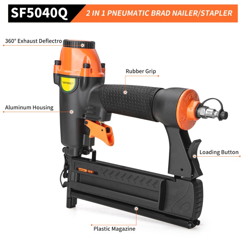 DOTOOL Pneumatic Brad Nailer,18 Gauge,2 in 1 Air Nail Gun Staple Gun,Accepts 2 Inch Brad Nails and Crown 1-5/8 inch Staples,with Carrying Case and 1000pcs Nails,for Carpentry, DIY,Woodworking - Image 4