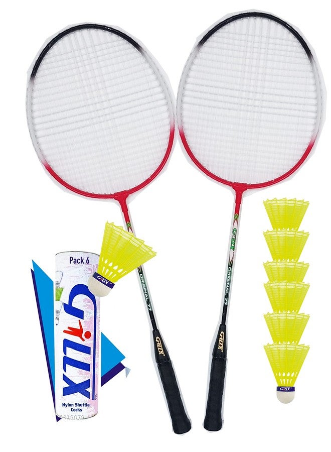 GILLX Badminton Rackets 2 Piece Multi Colour 6 Nylon Shuttle Cocks - Image 1