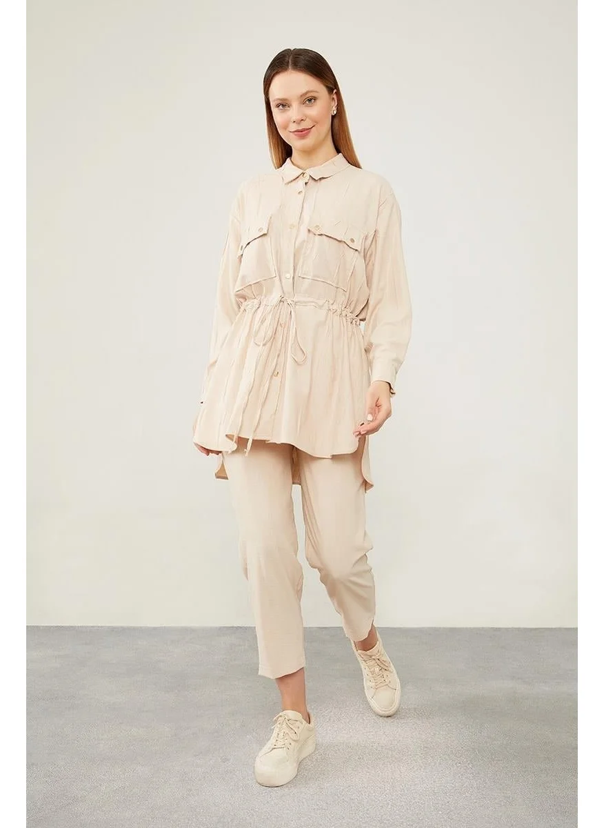 Levidor Beige Waist Drawstring Trousers Sports Suit