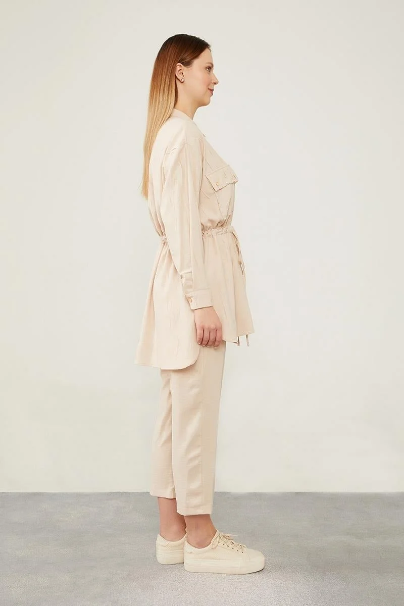 Levidor Beige Waist Drawstring Trousers Sports Suit