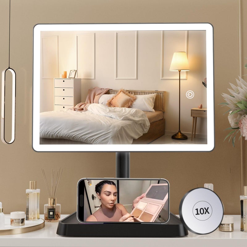 FUNTOUCH Rechargeable Makeup Vanity Mirror with Lights Large Lighted Desk Makeup Mirror with 96 LED Lights and 10x Magnifying Mirror 3 Color Lighting Make up Light Mirror with Phone Holder