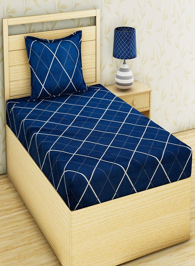 Avinya Cotton Feel Glace Cotton Elastic Fitted Printed Single Size Bed Bedsheet with one Pillow Cover(72"x 48"x 6) (Blue) - Image 1
