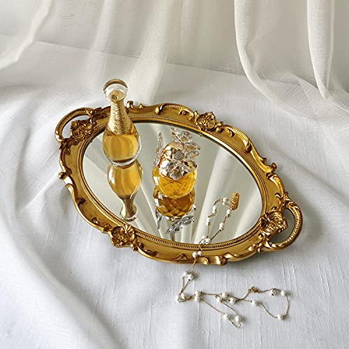 Yamfurga Oval Decorative Mirror Tray, French Style, Makeup Organizer, Jewelry Organizer, Serving Tray, 9.8"x 14.6", Gold - Image 1
