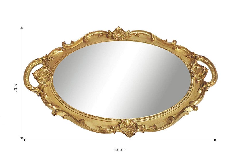 Yamfurga Oval Decorative Mirror Tray, French Style, Makeup Organizer, Jewelry Organizer, Serving Tray, 9.8"x 14.6", Gold - Image 5