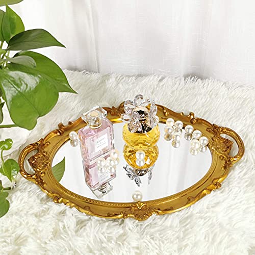 Yamfurga Oval Decorative Mirror Tray, French Style, Makeup Organizer, Jewelry Organizer, Serving Tray, 9.8"x 14.6", Gold - Image 3