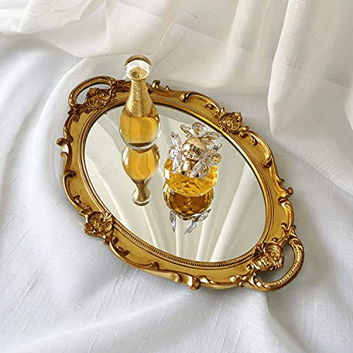 Yamfurga Oval Decorative Mirror Tray, French Style, Makeup Organizer, Jewelry Organizer, Serving Tray, 9.8"x 14.6", Gold - Image 4