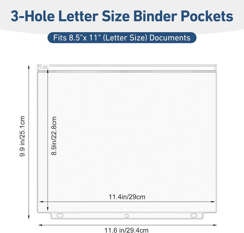 Antner 48 Pack Letter Size Binder Pockets for 3-Ring Binder Zipper Pouch Waterproof PVC Document Organizer 3-Hole Loose Leaf Folders File Sleeves Storage Bags Side Loading for Business Office Supplies - Image 2