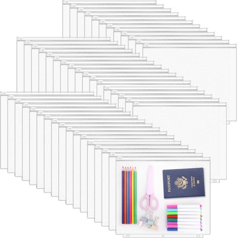 Antner 48 Pack Letter Size Binder Pockets for 3-Ring Binder Zipper Pouch Waterproof PVC Document Organizer 3-Hole Loose Leaf Folders File Sleeves Storage Bags Side Loading for Business Office Supplies - Image 1