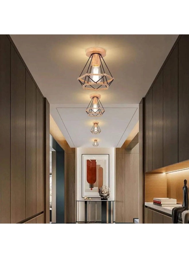 Rustic Ceiling Light with Black Wireframe and Rope Accents - Image 4