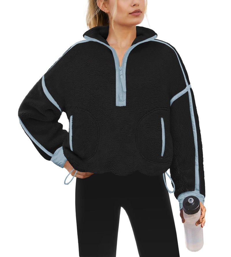 Yanekop Half Zip Pullover Women Oversized Fleece Jacket Sherpa Sweatshirt Fall Winter Cozy Sweaters with Pockets(Black Blue,L)