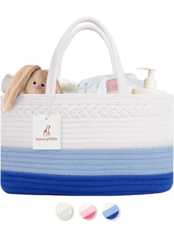 luxury little Luxury Little Baby Diaper Caddy Organizer, Large Cotton Rope Nursery Diaper Basket, Changing Table Organizer, Portable Tote Bag with Divider, Car Storage, Baby Shower Gifts for Newborn Boys - Blue  - Image 1