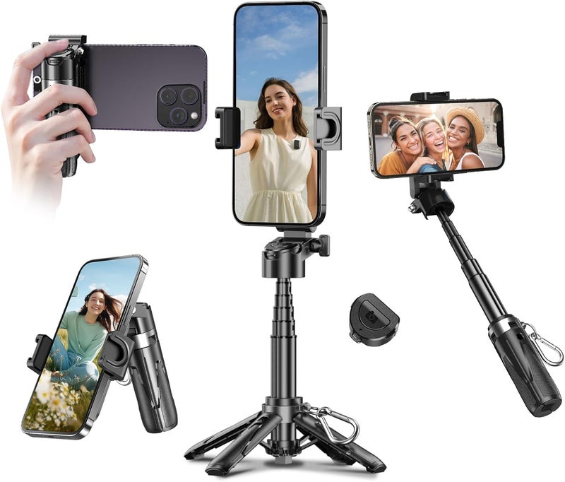 Mini Selfie Stick Tripod with Detachable Remote - 3 in 1 Portable Phone Handle Grip (Black) - Image 1