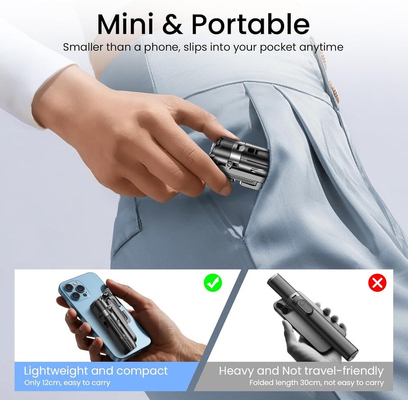Mini Selfie Stick Tripod with Detachable Remote - 3 in 1 Portable Phone Handle Grip (Black) - Image 2