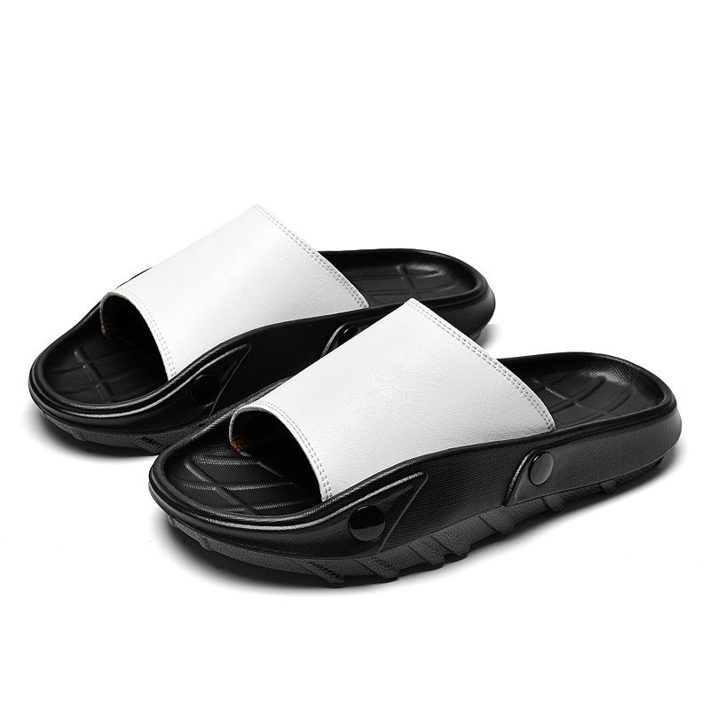 Cowhide Slippers For Men One-Line Leather Sandals For Boys Summer Outer Wear Trendy Casual Beach Shoes - Image 2