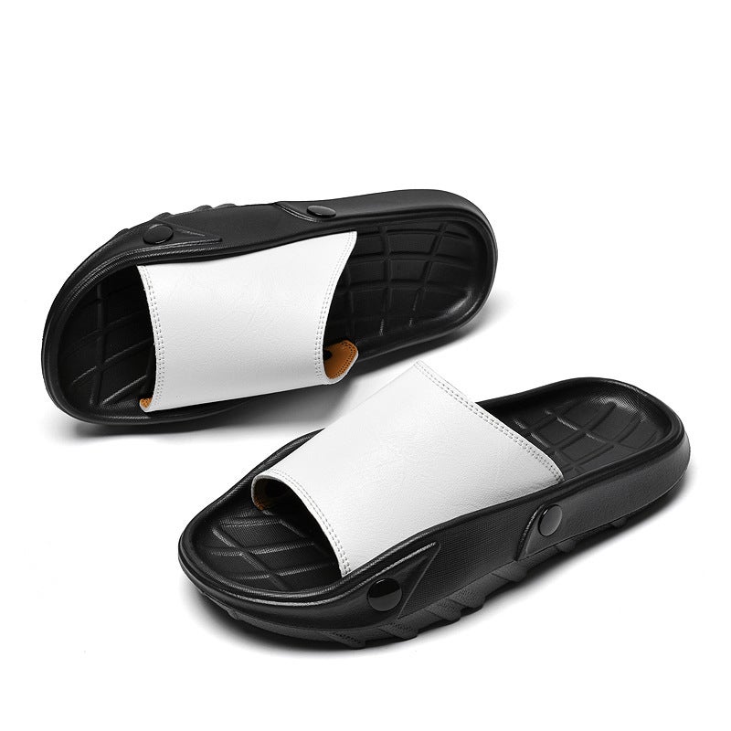 Cowhide Slippers For Men One-Line Leather Sandals For Boys Summer Outer Wear Trendy Casual Beach Shoes - Image 4