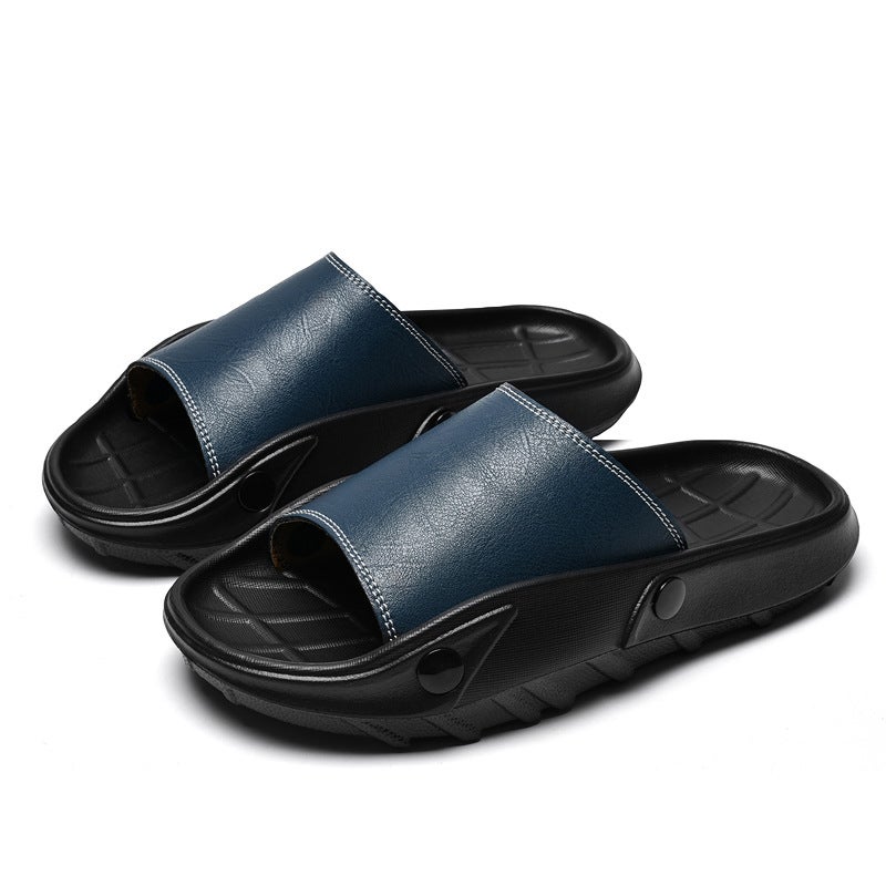 Cowhide Slippers For Men One-Line Leather Sandals For Boys Summer Outer Wear Trendy Casual Beach Shoes - Image 3