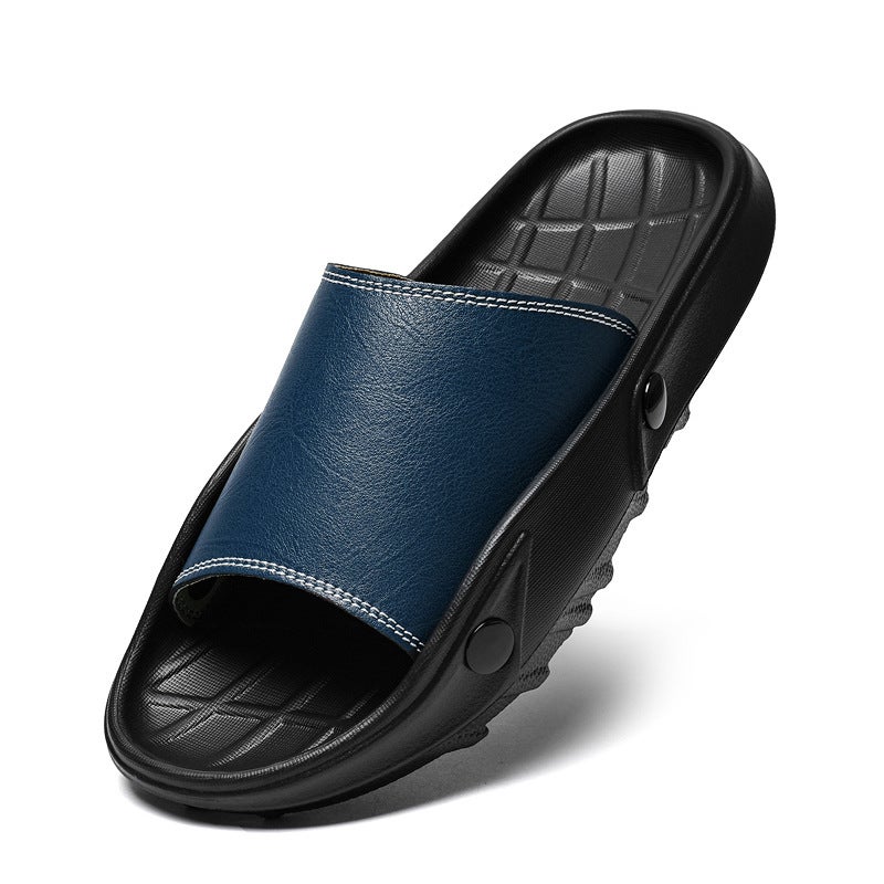Cowhide Slippers For Men One-Line Leather Sandals For Boys Summer Outer Wear Trendy Casual Beach Shoes - Image 1