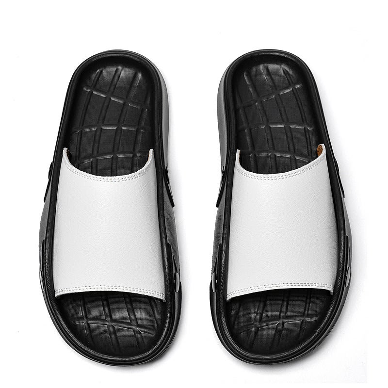 Cowhide Slippers For Men One-Line Leather Sandals For Boys Summer Outer Wear Trendy Casual Beach Shoes - Image 5