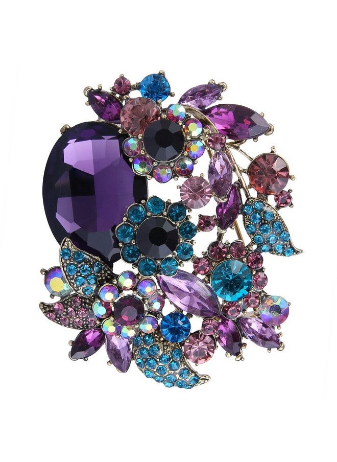 EVER FAITH Rhinestone Crystal Party Flower Leaf Vine Brooch Amethyst Color Antique-Gold-Tone  - Image 1