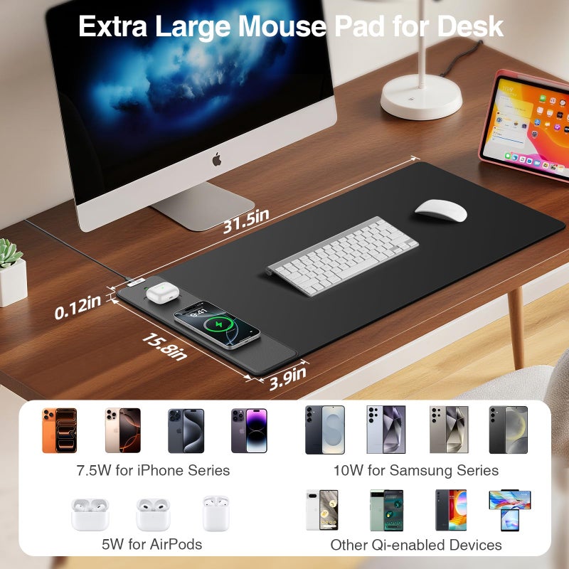 abc.mat Mouse Pad with Magnetic Wireless Charger, 31.5"x15.8" Large Gaming Desk Mat, Non-Slip Base, Waterproof Ultra-Smooth Keyboard Pad for Gamer, Office & Home, Black - Image 3