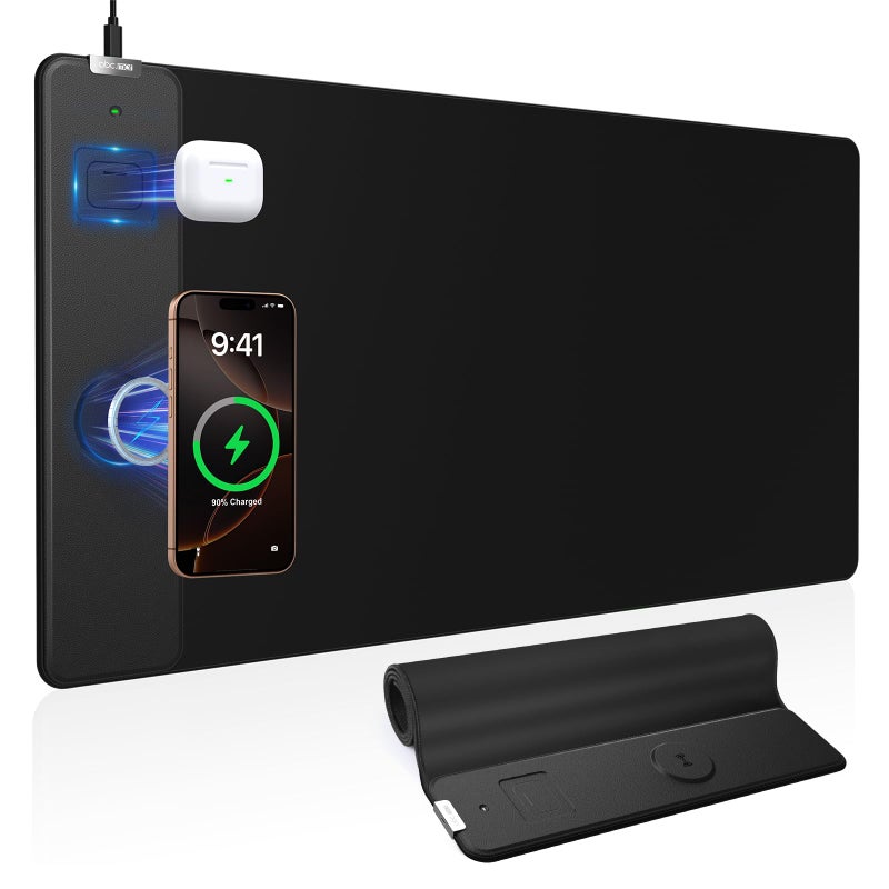 abc.mat Mouse Pad with Magnetic Wireless Charger, 31.5"x15.8" Large Gaming Desk Mat, Non-Slip Base, Waterproof Ultra-Smooth Keyboard Pad for Gamer, Office & Home, Black - Image 1