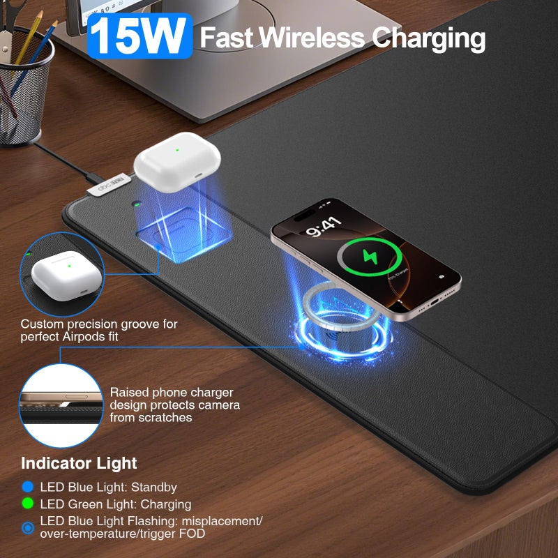 abc.mat Mouse Pad with Magnetic Wireless Charger, 31.5"x15.8" Large Gaming Desk Mat, Non-Slip Base, Waterproof Ultra-Smooth Keyboard Pad for Gamer, Office & Home, Black - Image 2