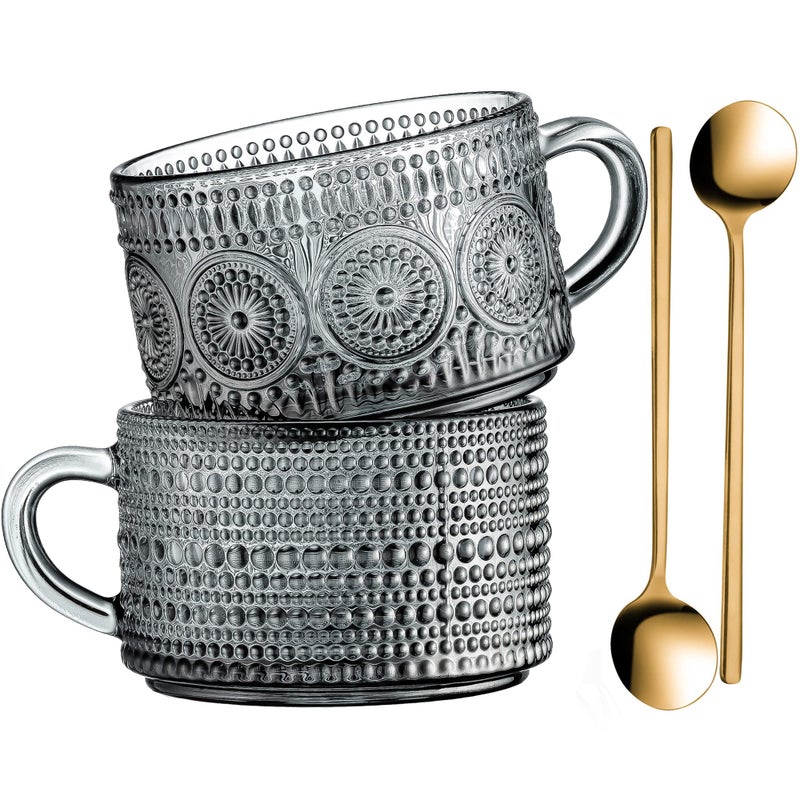 Gezzeny Vintage Glass Coffee Mugs 14 Oz Set of 2 Gray Embossed Tea Cups for Cappuccino LatteCereal Yogurt Beverage HotCold Mothers Fathers Day Gifts