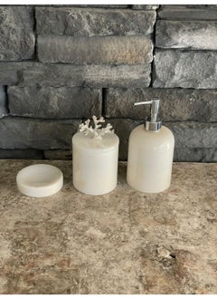 Marble 3 Piece Set White Marble Natural Stone Liquid Soap Dispenser Make-up Cotton Holder Solid Soap Dispenser Beige