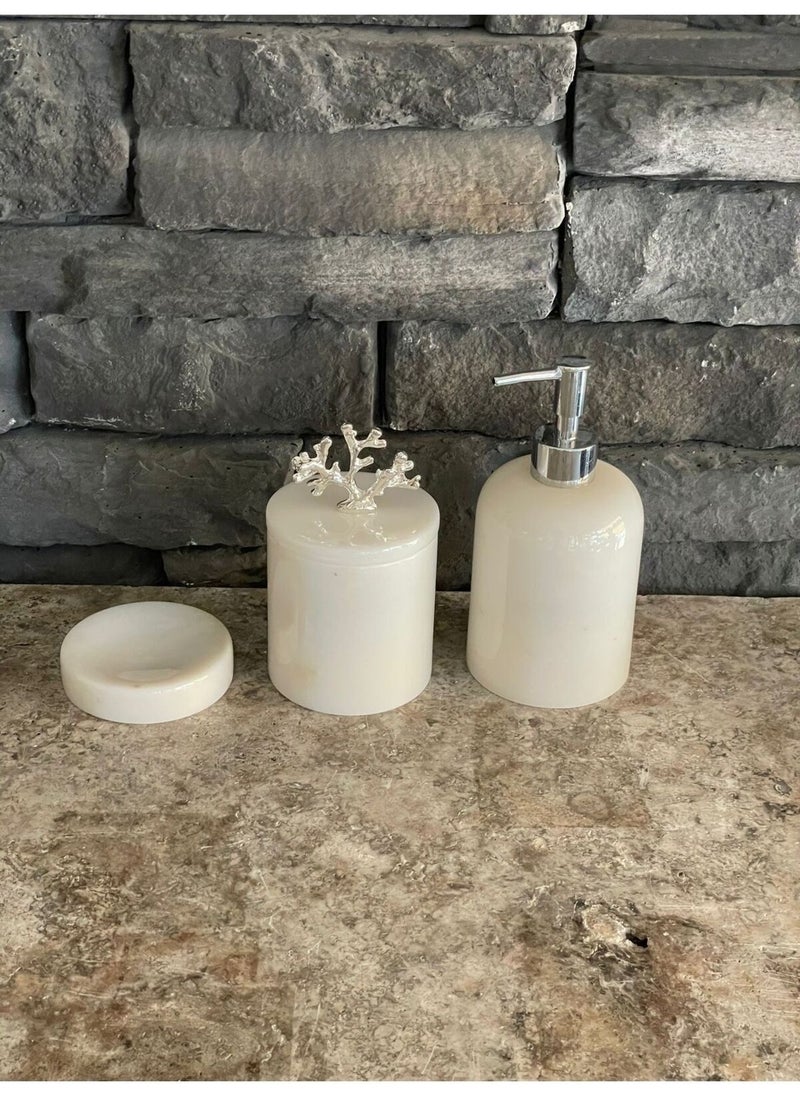 Polen Stone - Marble 3 Piece Set White Marble Natural Stone Liquid Soap Dispenser Make-up Cotton Holder Solid Soap Dispenser Beige - Image 1