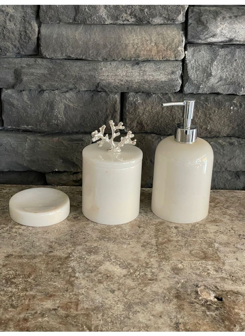 Polen Stone - Marble 3 Piece Set White Marble Natural Stone Liquid Soap Dispenser Make-up Cotton Holder Solid Soap Dispenser Beige - Image 1