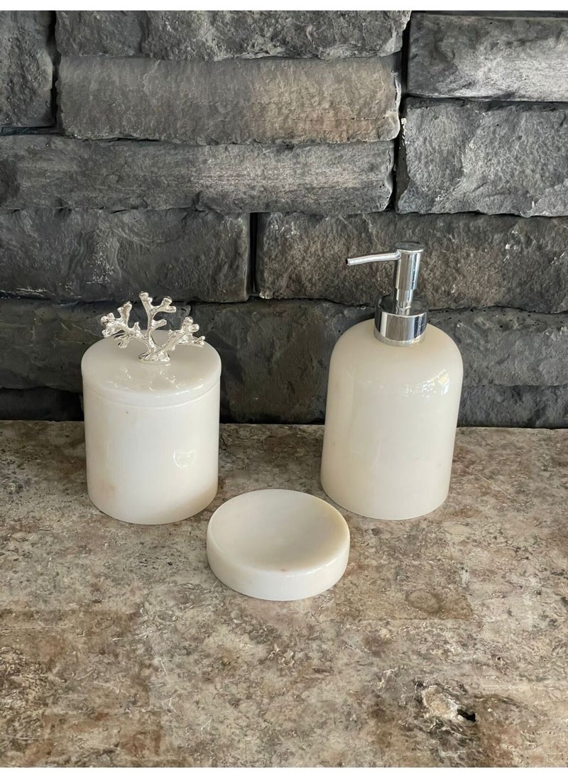 Polen Stone - Marble 3 Piece Set White Marble Natural Stone Liquid Soap Dispenser Make-up Cotton Holder Solid Soap Dispenser Beige - Image 1