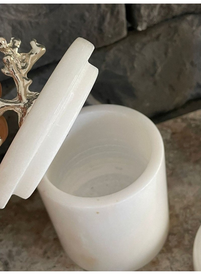 Polen Stone - Marble 3 Piece Set White Marble Natural Stone Liquid Soap Dispenser Make-up Cotton Holder Solid Soap Dispenser Beige - Image 1