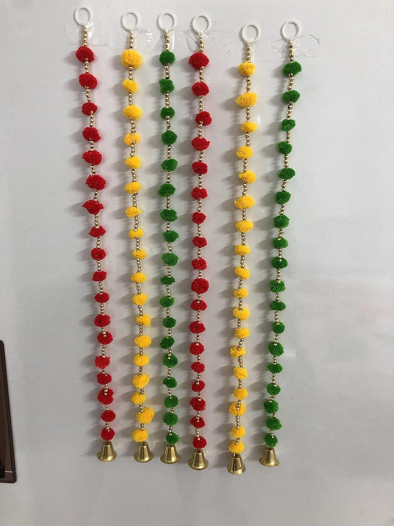 Aahum Aahum Handmade WallDoor Hangings 1FtStrings Red Yellow Green Color PomPom Torans Garland Bandhwar GoldenBells TempleGanesha Decoration Home Dcor DiwaliFestivalNavratriWeddingParty1 FT 6Strings - Image 1