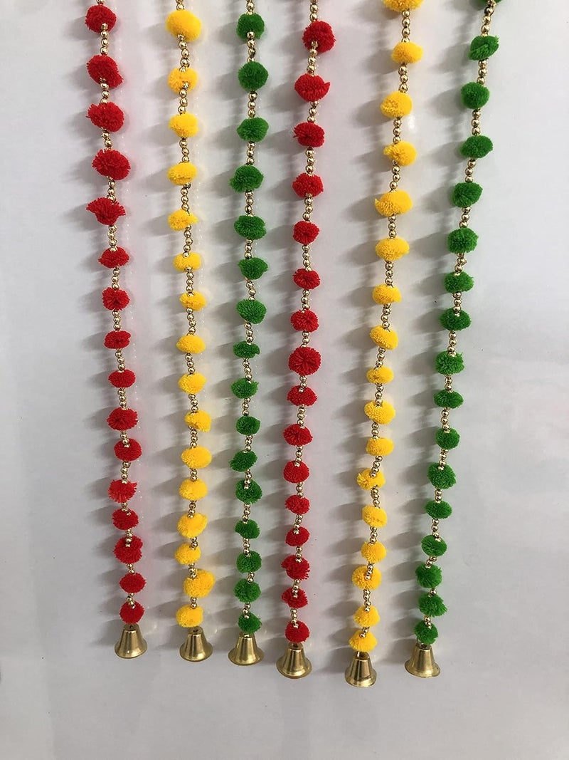 Aahum Aahum Handmade WallDoor Hangings 1FtStrings Red Yellow Green Color PomPom Torans Garland Bandhwar GoldenBells TempleGanesha Decoration Home Dcor DiwaliFestivalNavratriWeddingParty1 FT 6Strings - Image 2