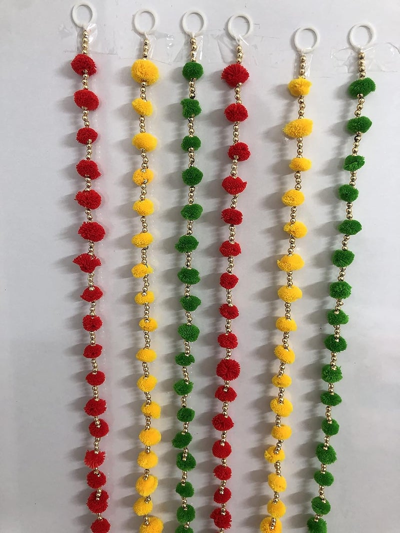 Aahum Aahum Handmade WallDoor Hangings 1FtStrings Red Yellow Green Color PomPom Torans Garland Bandhwar GoldenBells TempleGanesha Decoration Home Dcor DiwaliFestivalNavratriWeddingParty1 FT 6Strings - Image 4