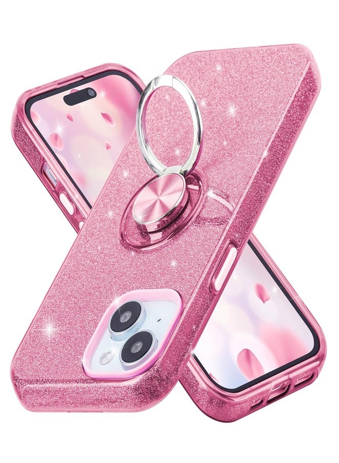 wisdompro Glitter Case for iPhone 15/ iPhone 14/ iPhone13, Bling Sparkle Case with 360° Ring Holder Kickstand Girls Women Cute Protective Cover Phone Case for iPhone 15/14/13 (6.1 Inch) - Pink - Image 1