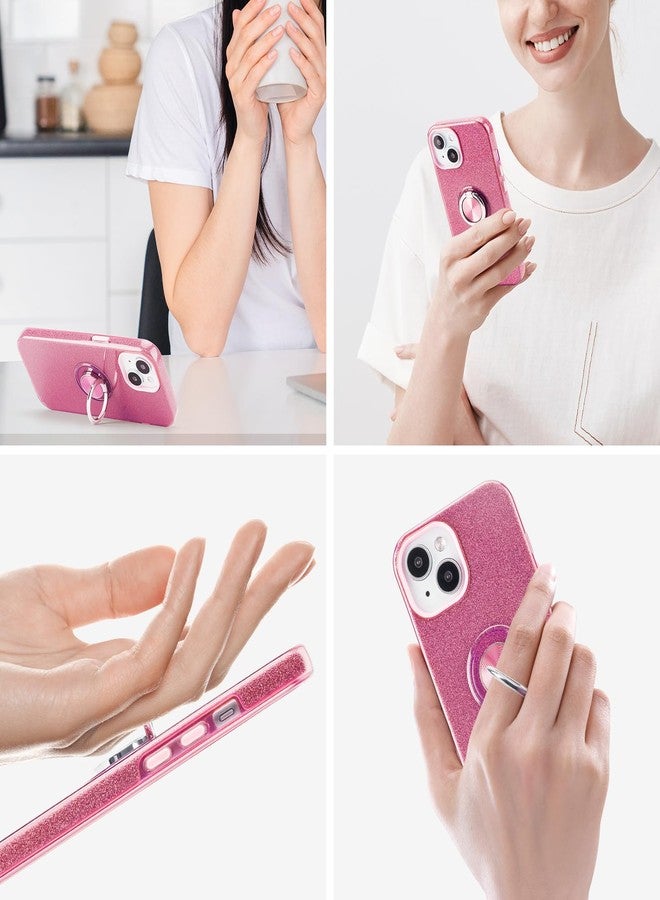 wisdompro Glitter Case for iPhone 15/ iPhone 14/ iPhone13, Bling Sparkle Case with 360° Ring Holder Kickstand Girls Women Cute Protective Cover Phone Case for iPhone 15/14/13 (6.1 Inch) - Pink - Image 5