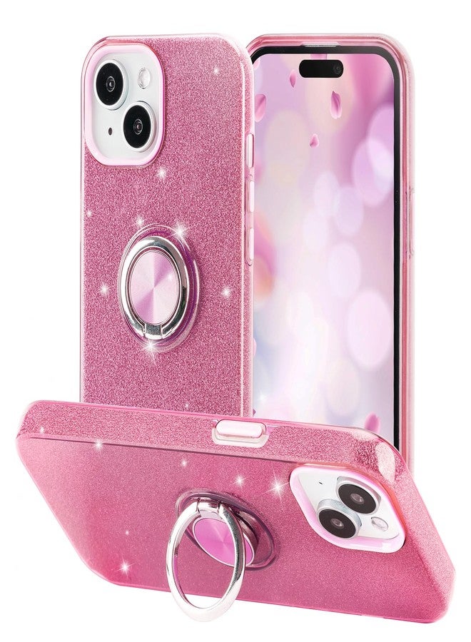 wisdompro Glitter Case for iPhone 15/ iPhone 14/ iPhone13, Bling Sparkle Case with 360° Ring Holder Kickstand Girls Women Cute Protective Cover Phone Case for iPhone 15/14/13 (6.1 Inch) - Pink - Image 2