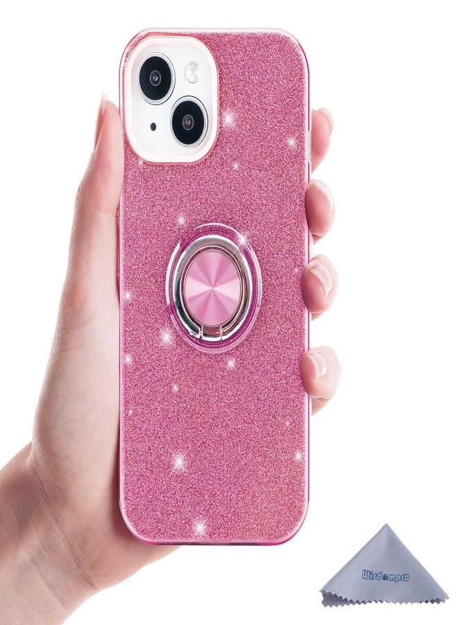 wisdompro Glitter Case for iPhone 15/ iPhone 14/ iPhone13, Bling Sparkle Case with 360° Ring Holder Kickstand Girls Women Cute Protective Cover Phone Case for iPhone 15/14/13 (6.1 Inch) - Pink - Image 3