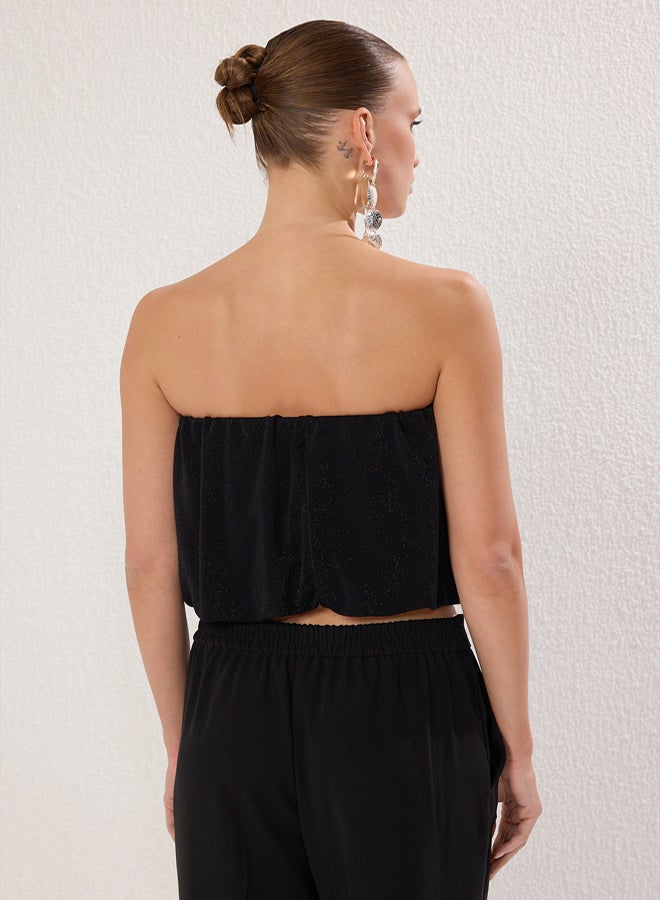 trendyol Black Strapless Balloon Form Glittery Knitted Stylish Blouse  - Image 4