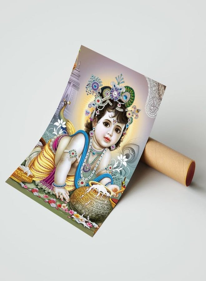 100Yellow Paper Krishna With Makhan Printed Posters For Pregnant Women| Religious Bal Krishna God Posters For Room, Living Room| 12X18 Inches| Multicolor - Image 2