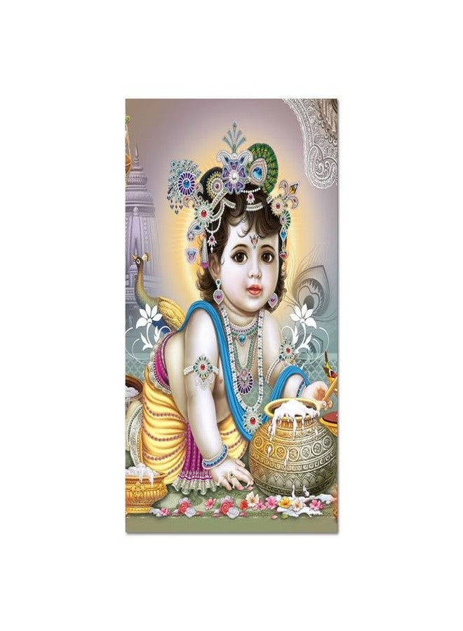 100Yellow Paper Krishna With Makhan Printed Posters For Pregnant Women| Religious Bal Krishna God Posters For Room, Living Room| 12X18 Inches| Multicolor - Image 1