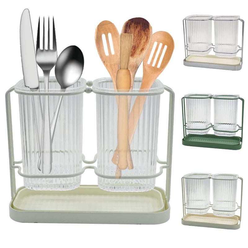 Kitchen Utensil Holder, Wall Silverware Organizer with Drain Tray, Utensil Holder Flatware Cutlery Storage Organizer for Kitchen Decor and Countertop, with 2 Draining Chopstick Cage (White)