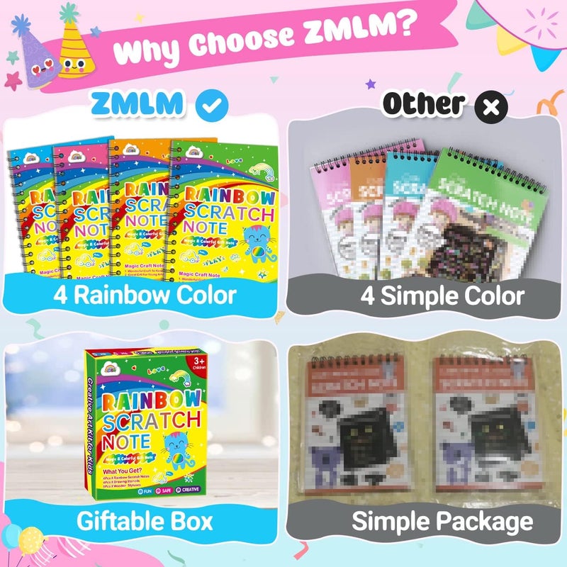 ZMLM Scratch Art Party Favors: Birthday Gifts Goodie Bags Stuffers Rainbow Scratch Paper Craft Notebooks for Kids 4-8 Classroom Prize Students End School Supplies Toy Girls Boys Return Gift (4) - Image 5