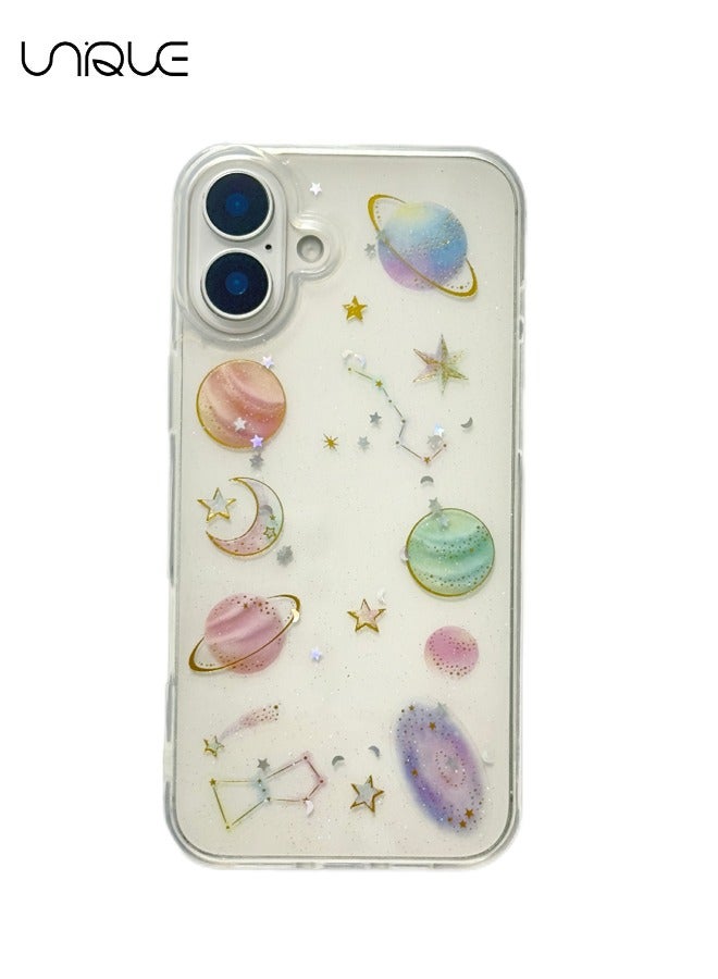 Unique For iPhone 16 Cases - Cute Clear Phone Cases - Glitter Planet Phone Cases with Stars and Moon - Shock & Drop Resistant Phone Cases - Image 1