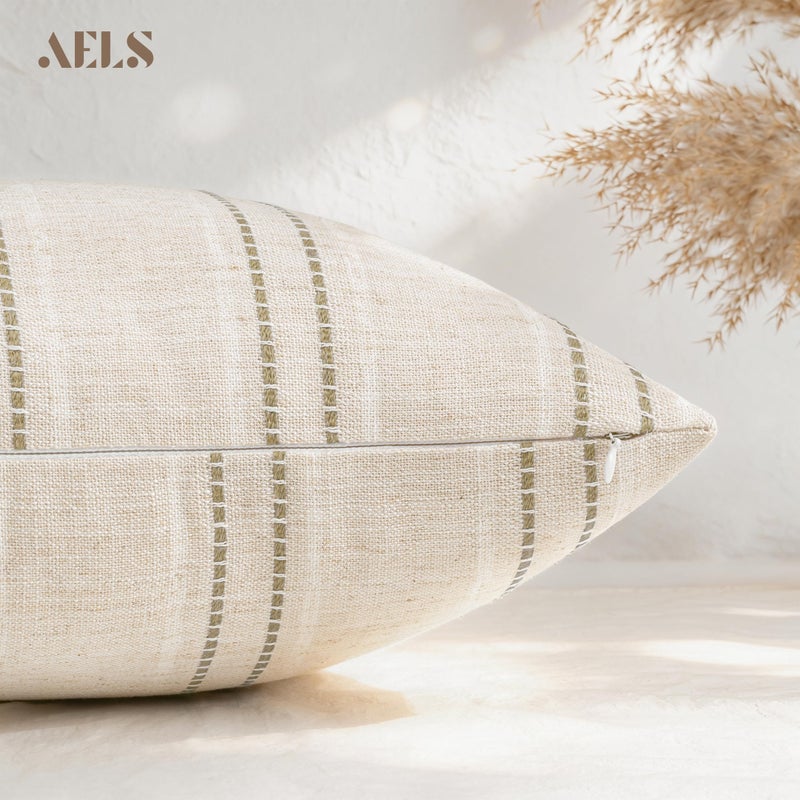AELS 12x20 Decorative Farmhouse Linen Blend Throw Pillow Covers, Boho Textured Pillow Case, Set of 2, Beige with White & Brown Stitch Yarn Dyed Stripe Cushion Cover for Sofa Living Room (Cover ONLY) - Image 4