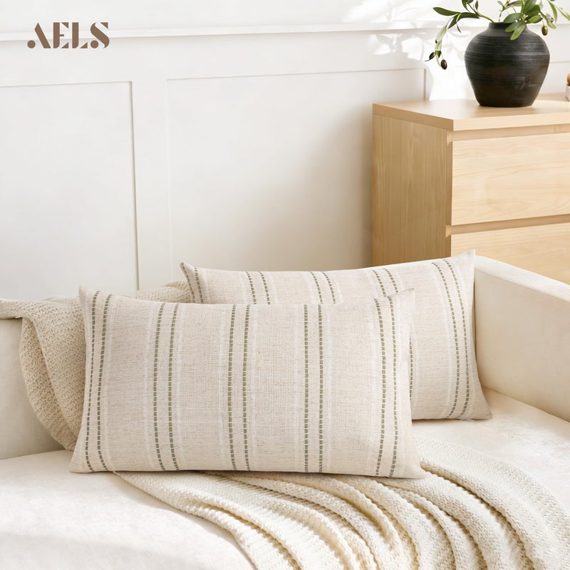 AELS 12x20 Decorative Farmhouse Linen Blend Throw Pillow Covers, Boho Textured Pillow Case, Set of 2, Beige with White & Brown Stitch Yarn Dyed Stripe Cushion Cover for Sofa Living Room (Cover ONLY) - Image 5