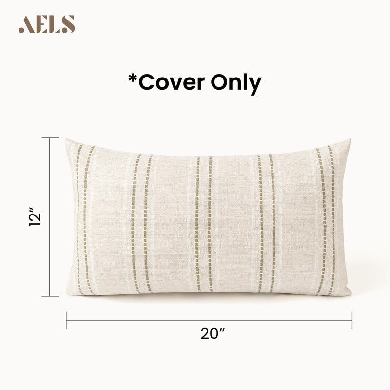 AELS 12x20 Decorative Farmhouse Linen Blend Throw Pillow Covers, Boho Textured Pillow Case, Set of 2, Beige with White & Brown Stitch Yarn Dyed Stripe Cushion Cover for Sofa Living Room (Cover ONLY) - Image 2
