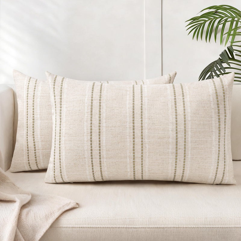 AELS 12x20 Decorative Farmhouse Linen Blend Throw Pillow Covers, Boho Textured Pillow Case, Set of 2, Beige with White & Brown Stitch Yarn Dyed Stripe Cushion Cover for Sofa Living Room (Cover ONLY) - Image 1